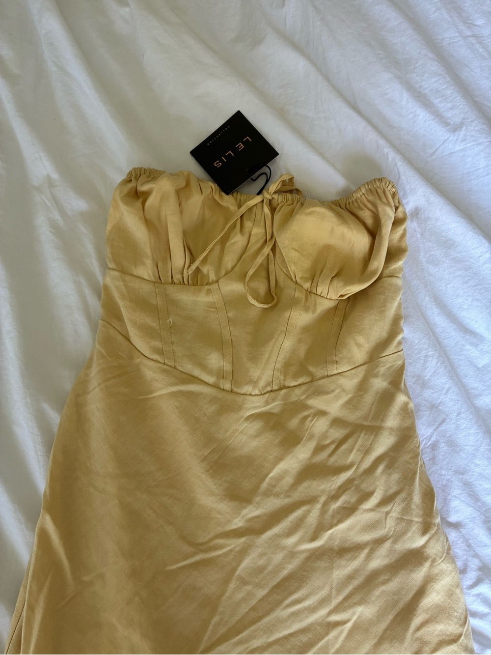 Le Lis Strapless Satin Bustier Dress in Golden Yellow